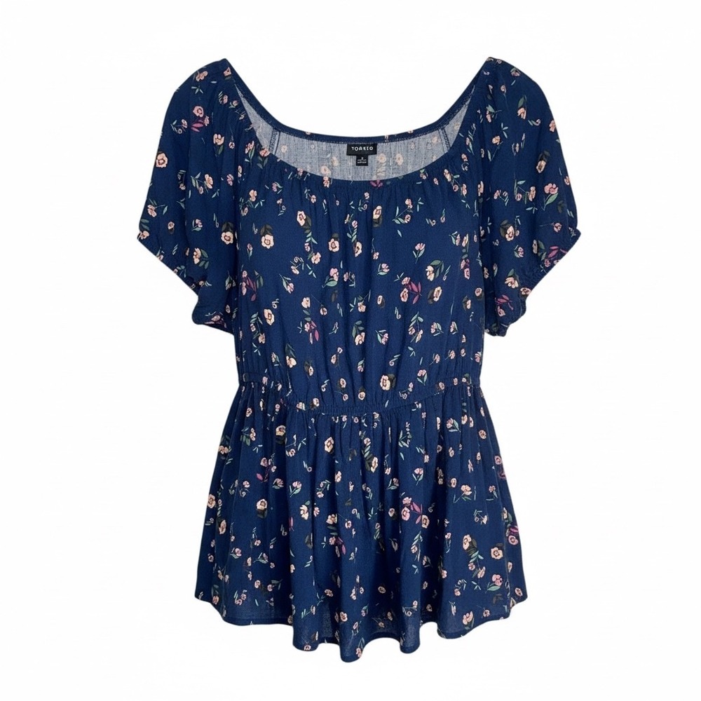 Torrid Size 2 Floral Peplum Top Navy Blue Ditsy Print Scoop Neck Short Sleeves